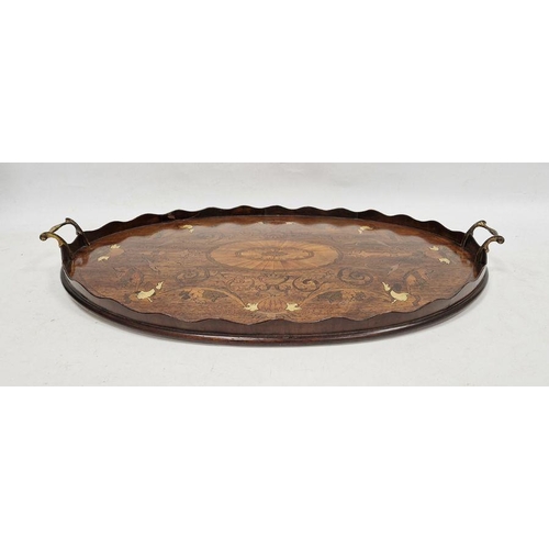 151 - Large mahogany marquetry inlaid tray with piecrust rim and brass carry handles