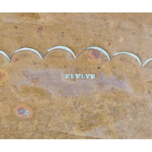 191 - Large Newlyn hammered circular copper tray, with stamped mark, 43cm diameter, a large hammered brass... 