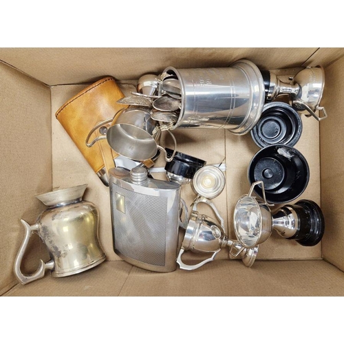 198 - Quantity of plated ware to include hip flask, lighter, silver-backed mirror, etc (1 box)