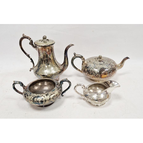 199 - Four piece silver-plated tea set with acorn finial, foliate engraved decoration, marked to base 'G.R... 