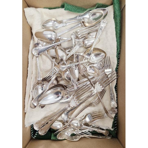 202 - Quantity of silver plated flatware, varying patterns to include Kings pattern (1 box)