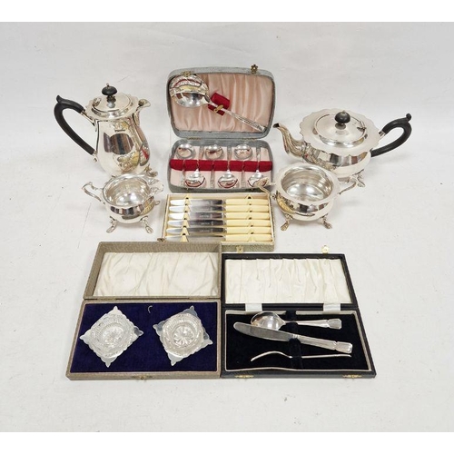 203 - Mappin and Webb silver plate four piece tea set, cased EPNS salts, cased flatware etc (1 box)