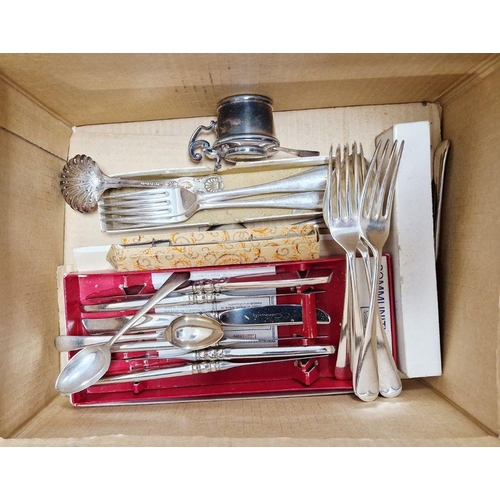 212 - Cased and loose flatware, a silver-plated teapot, a circular handled bowl, etc (1 box)