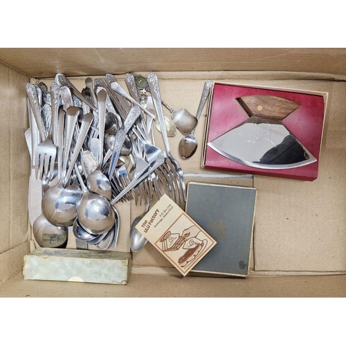 214 - Loose flatware, fish servers, cased ware, a silver-plated three-piece teaset and a circular tray (1 ... 