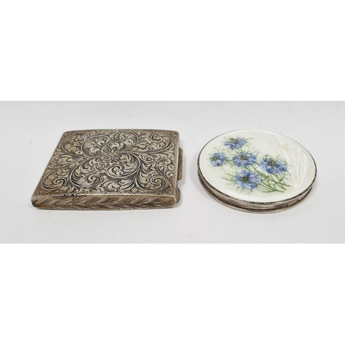 252 - Silver-coloured metal and enamel compact, white enamel decorated with blue flowers and a silver flor... 