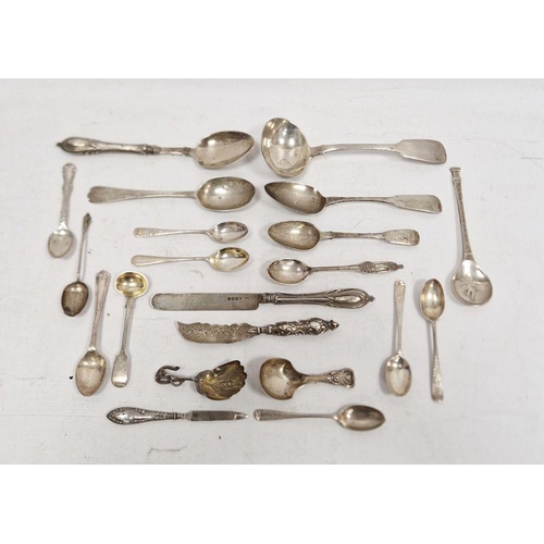 258 - Assorted 19th century silver spoons, knives, etc, various dates and makers, 13ozt approx.