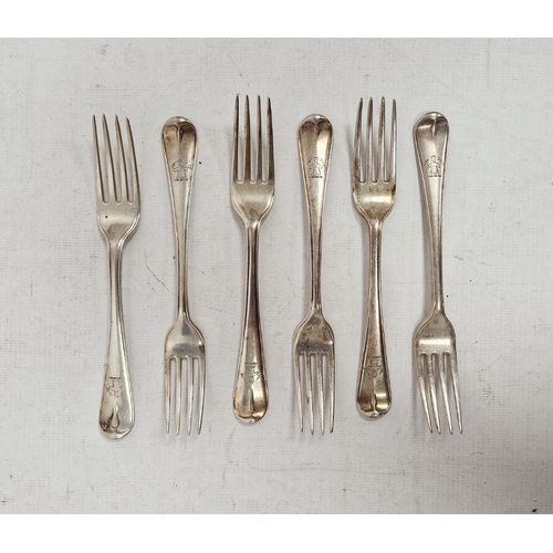 261 - Matched set of six Georgian table forks, London, various dates and makers, all with engraved crest t... 