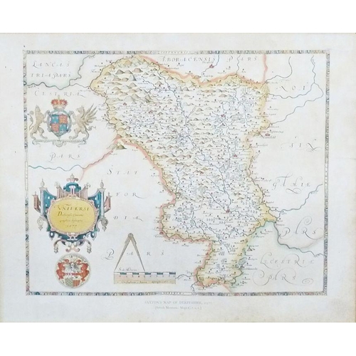 287 - Reproduction map after Universi Derbiensis Comitatus Graphica Descriptio 1577, 57cm x 58cm framed, r... 