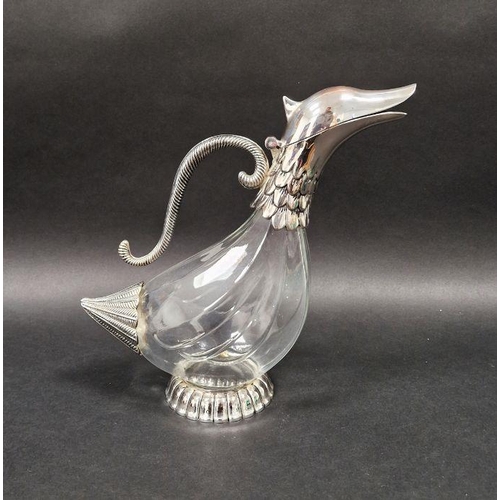 44 - Early 20th century silver-plated and glass duck carafe, 25cm high approx.