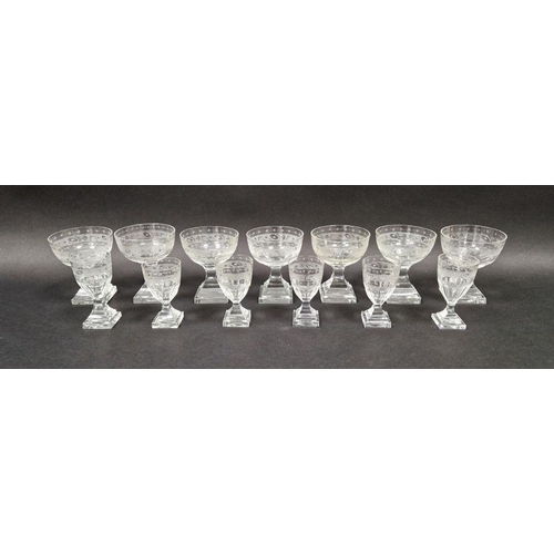 50 - Set of seven late Georgian wine glasses with engraved decoration, 9.5cm high approx. and a set of si... 