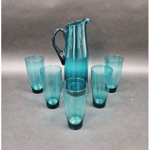 53 - 20th century teal-coloured glass jug and five matching glasses and another clear glass glass (7)