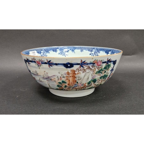 73 - 18th century Chinese-style porcelain punch bowl, the exterior painted with bamboo framed panels of E... 