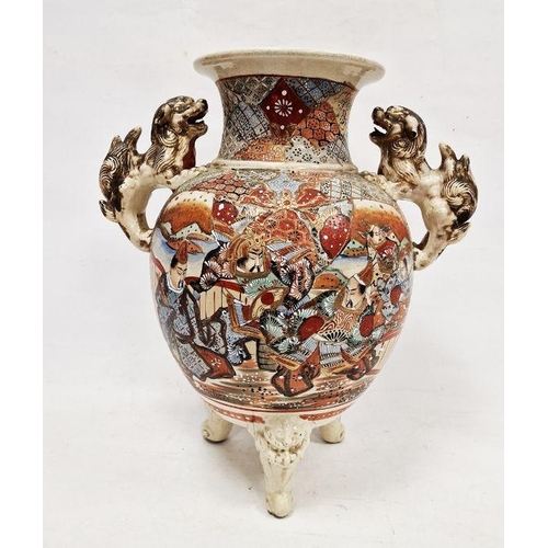 79 - Large Japanese Satsuma earthenware koro, the raised vase with pair gilt dog handles, the body painte... 