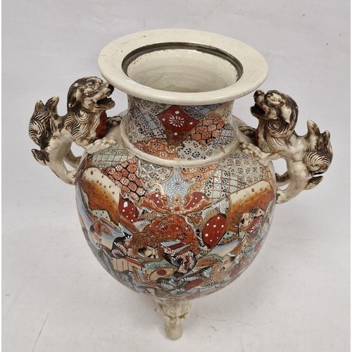 79 - Large Japanese Satsuma earthenware koro, the raised vase with pair gilt dog handles, the body painte... 