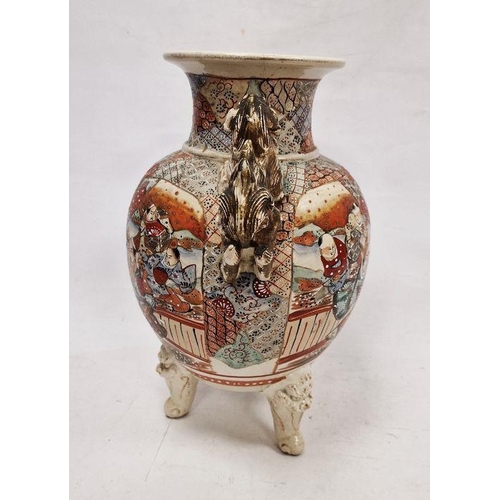 79 - Large Japanese Satsuma earthenware koro, the raised vase with pair gilt dog handles, the body painte... 