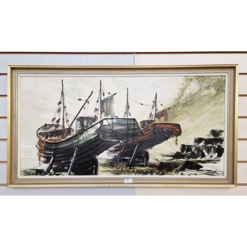 25 - Bill Hawkes 
 Two oils on boards
 Beached sailing and fishing vessels, 44cm x 90cm and 43cm x 75cm (... 