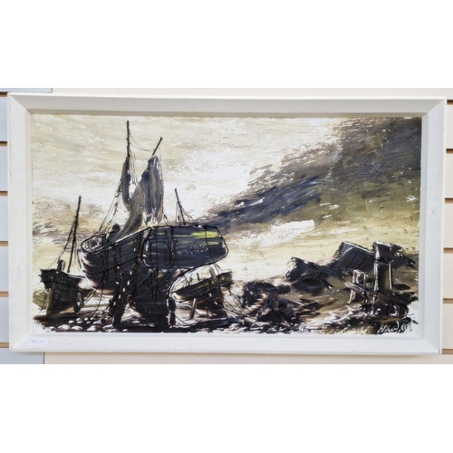 25 - Bill Hawkes 
 Two oils on boards
 Beached sailing and fishing vessels, 44cm x 90cm and 43cm x 75cm (... 