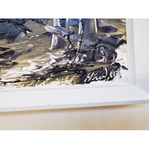 25 - Bill Hawkes 
 Two oils on boards
 Beached sailing and fishing vessels, 44cm x 90cm and 43cm x 75cm (... 