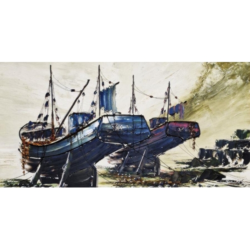 25 - Bill Hawkes 
 Two oils on boards
 Beached sailing and fishing vessels, 44cm x 90cm and 43cm x 75cm (... 
