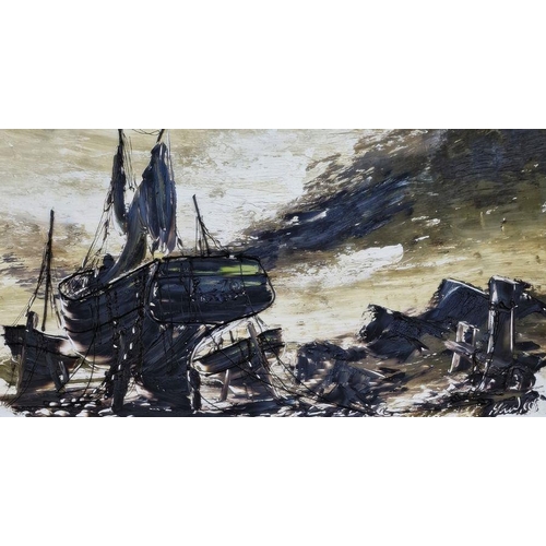 25 - Bill Hawkes 
 Two oils on boards
 Beached sailing and fishing vessels, 44cm x 90cm and 43cm x 75cm (... 