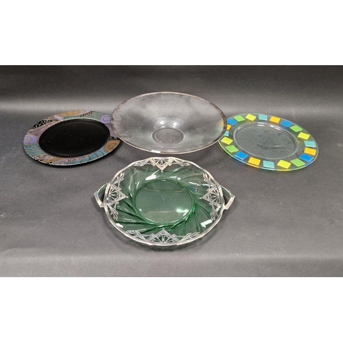 70 - Assorted press moulded and coloured glass dishes including, a green tinted two-handed tray with whit... 