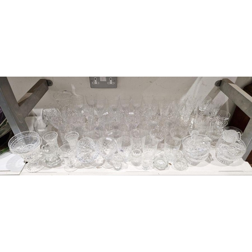 84 - Assorted glass tableware, including a Waterford cut glass vase, assorted wine glasses, brandy balloo... 