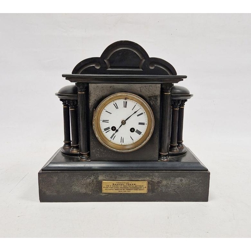 1004 - Early 20th century slate mantel clock, the circular enamel dial with Roman numerals denoting hours, ... 