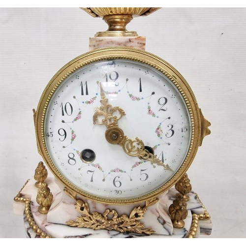 1005 - French gilt metal and ormolu marble clock garniture, the enamel drum-shaped movement with urn finial... 