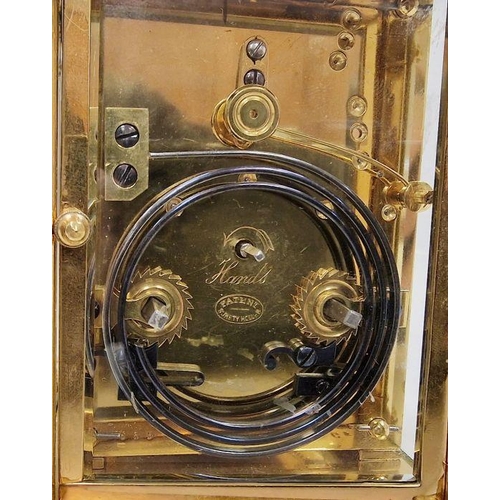 1007 - 19th century gilt repeating carriage clock by S J Rety, reeded bar handle, reeded columns, flanking ... 