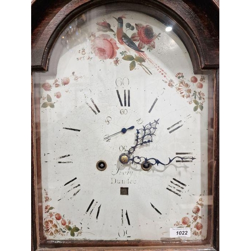 1022 - Late Georgian eight-day longcase clock of small proportions, in oak case, the arched painted dial wi... 