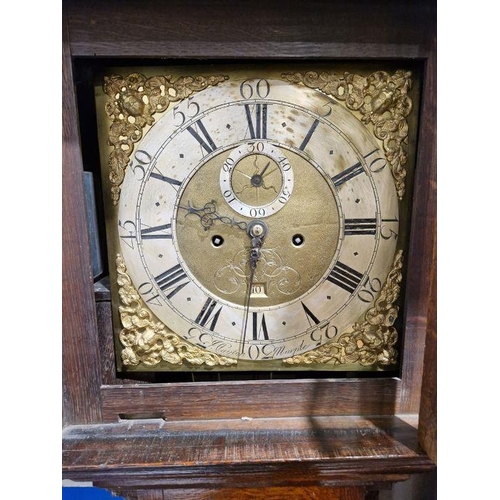 1026 - 18th century eight-day longcase clock movement inscribed 'Jn Clayton, Marple', housed in slender oak... 