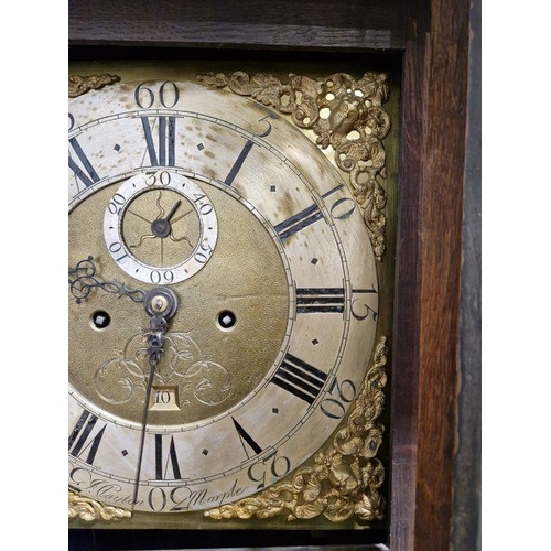 1026 - 18th century eight-day longcase clock movement inscribed 'Jn Clayton, Marple', housed in slender oak... 