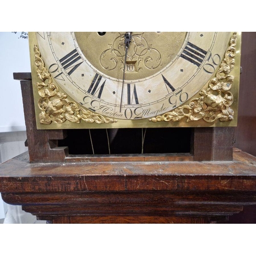 1026 - 18th century eight-day longcase clock movement inscribed 'Jn Clayton, Marple', housed in slender oak... 