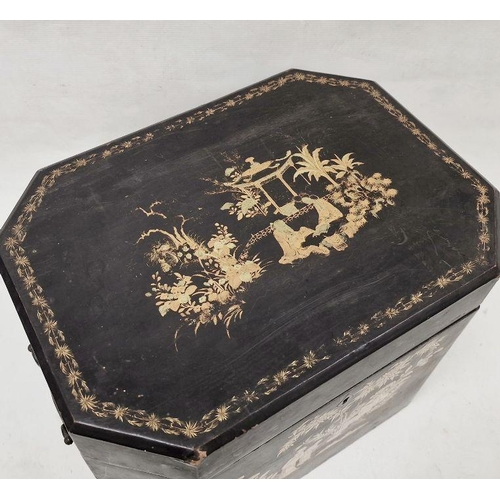 1040 - Oriental black lacquered regency-style chinoiserie box with canted corners decorated in gold with ga... 