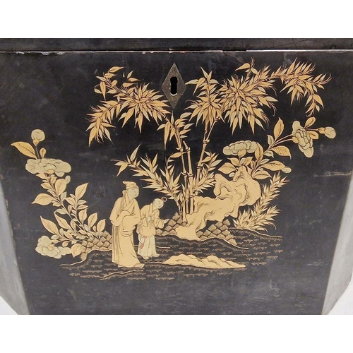 1040 - Oriental black lacquered regency-style chinoiserie box with canted corners decorated in gold with ga... 