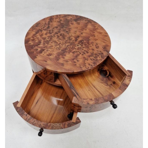 1044 - Modern thuya wood three-tier, three drawer drum-shaped jewellery box, 22cm diameter x 16cm high