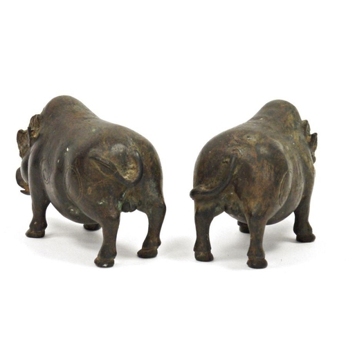 110 - Pair of chinese, or possibly Indonesian, bronze standing boars, each with patterned headdress, 16cm ... 