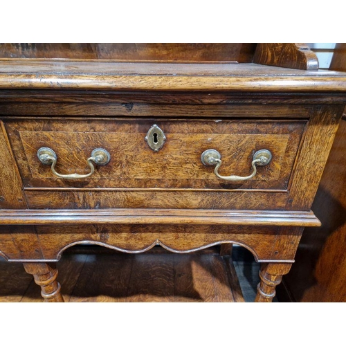 1156 - Reproduction inlaid oak dresser, the plate rack with scalloped frieze, the base banded with three fr... 