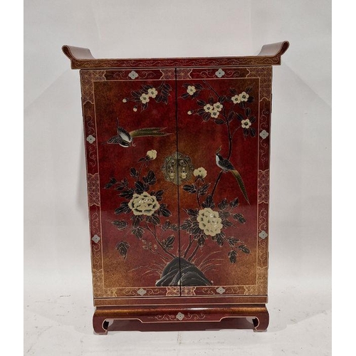 1177 - Pair reproduction Chinese lacquer side cabinets having pair panel doors, allover decorated to red gr... 