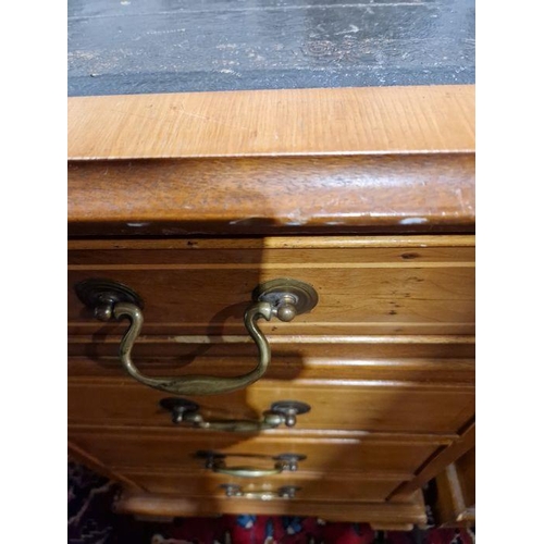 1183 - Modern walnut veneer partners' desk with green leather inset top, having one long drawer flanked by ... 