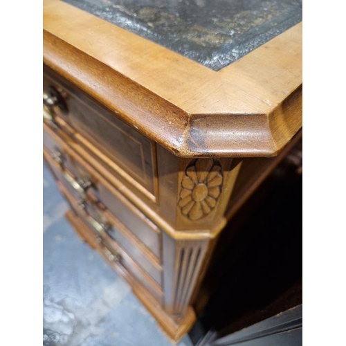 1183 - Modern walnut veneer partners' desk with green leather inset top, having one long drawer flanked by ... 