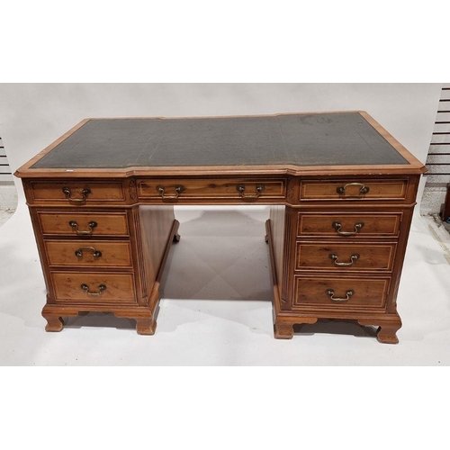 1183 - Modern walnut veneer partners' desk with green leather inset top, having one long drawer flanked by ... 