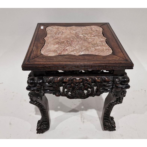 1204 - Chinese marble topped rosewood occasional table, shaped circular with beaded edge, pierced carving, ... 