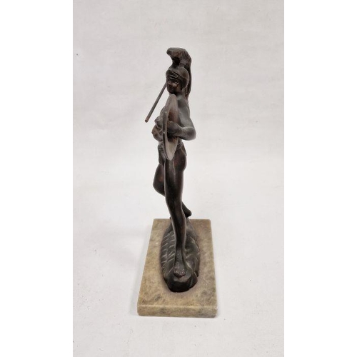 140 - 20th century bronze-effect figure depicting a classical figure holding a javelin and shield, mounted... 