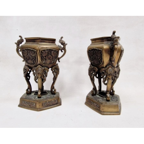 145 - Pair of 20th century Chinese bronze vases, each with twin handles and highly decorated embossing dep... 