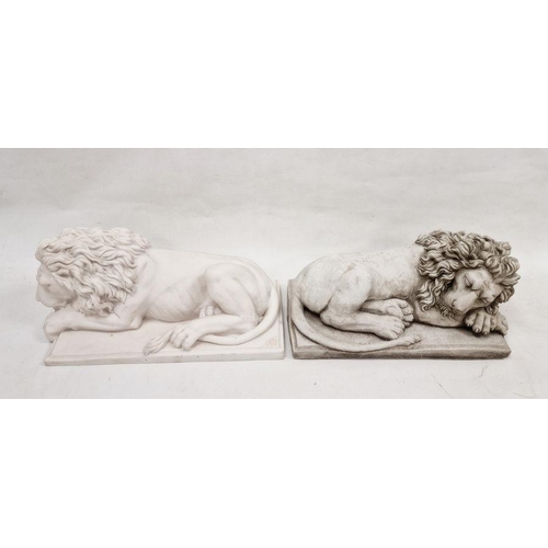 148 - Two large carved stone figures depicting resting lions, each mounted on plinth bases, 44cm long appr... 