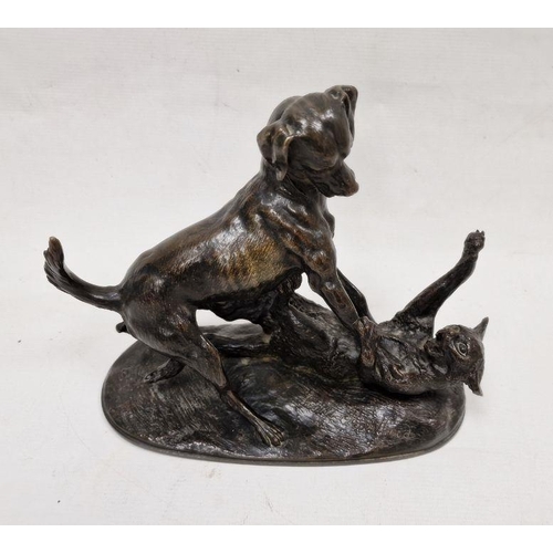 149 - Bronze group of dog and cat playing, on oval base, circa 1850, signed ‘Pierre Rouillard' (1820-1881)... 