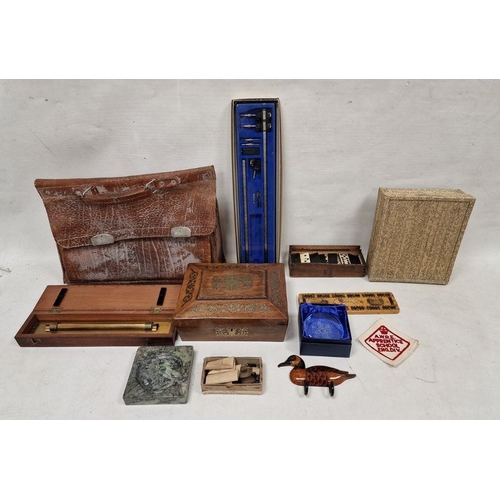 150 - Assortment of collectables to include a brass inlaid wooden box, a wooden cribbage board with inlaid... 