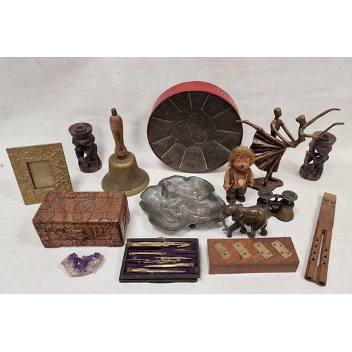 152 - Assortment of collectables to include a brass handbell, an Art Nouveau pewter dish depicting waterli... 