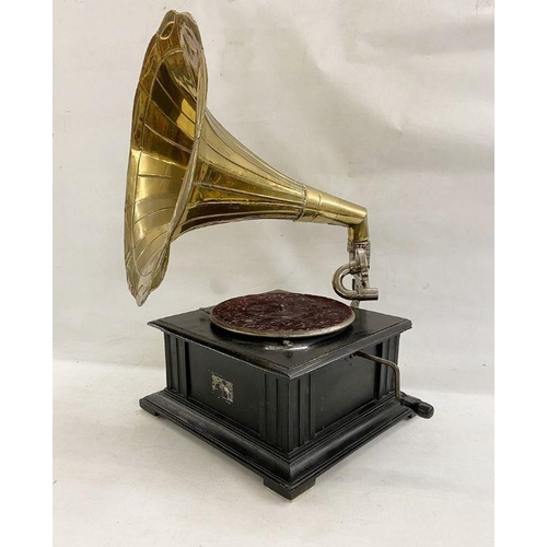 154A - Antique HMV table-top gramophone, ebonised base with ornate scroll and pierced nickel arm, panelled ... 